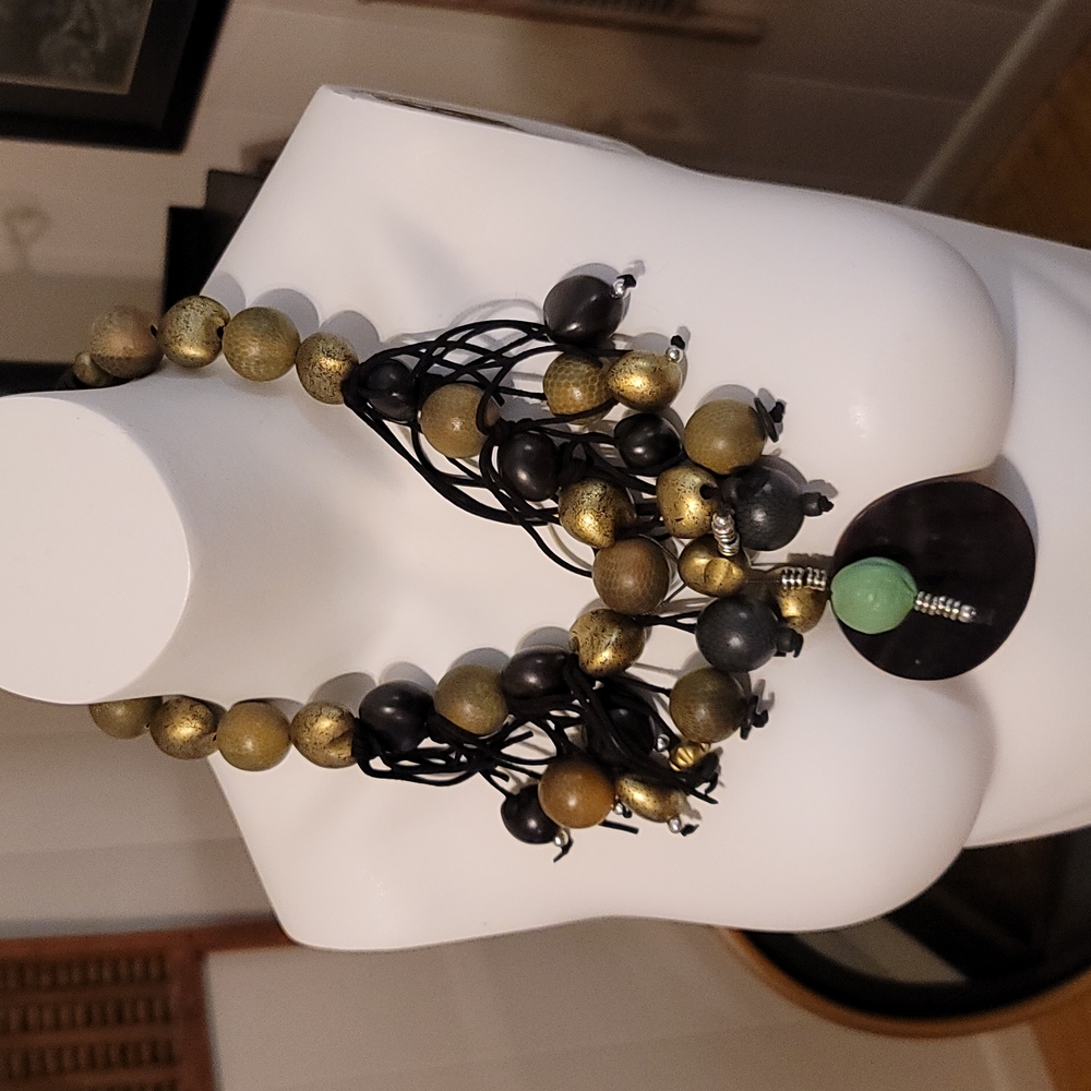 Leather FRINGE Ecclectic Necklace/Earrings/Reptile Pattern/Wood Beads UNIQUE!
